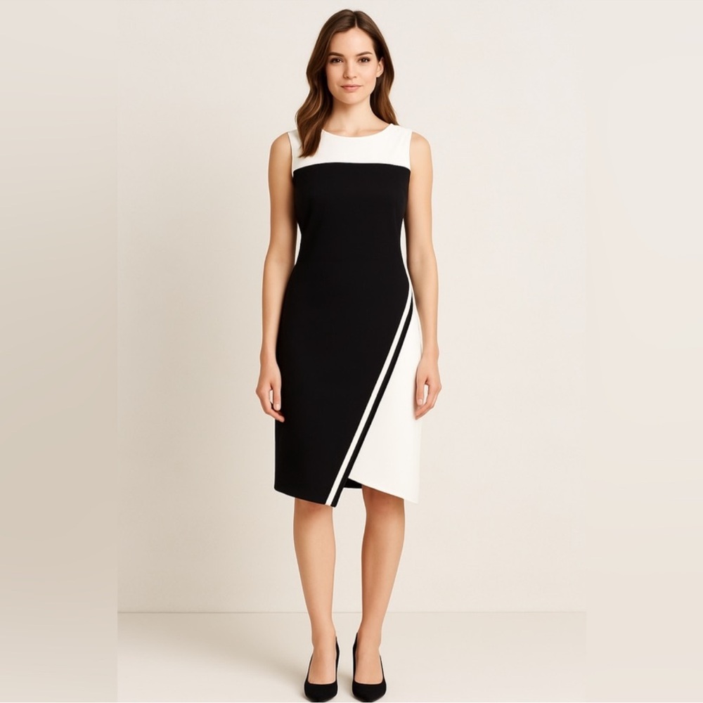 Calvin Klein Women Sleeveless Asymmetrical Neckline Sheath Dress Black
